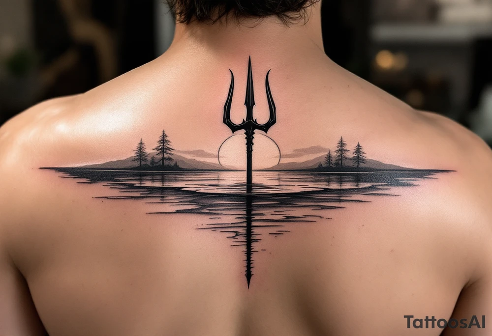 trident half way under calm water with sanger DXII boat and sunset tattoo idea