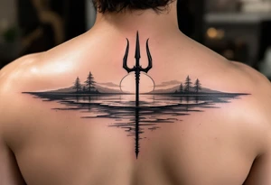 trident half way under calm water with sanger DXII boat and sunset tattoo idea