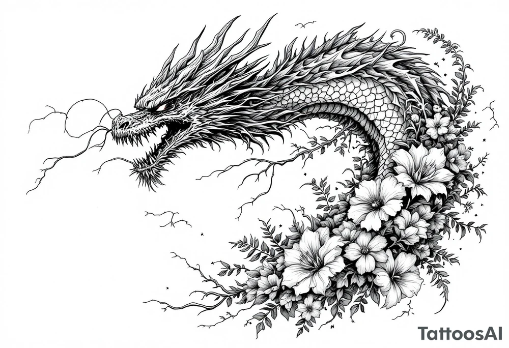 scary dragon with thunders and flowers as a filler tattoo idea