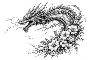 scary dragon with thunders and flowers as a filler tattoo idea