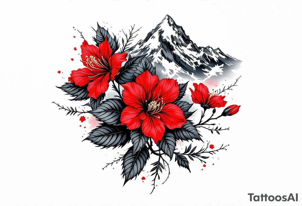 wrist size red  and black rhododendron trippy with Himalayas behind tattoo idea