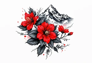 wrist size red  and black rhododendron trippy with Himalayas behind tattoo idea