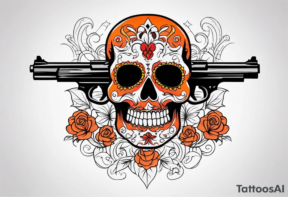 Orange Sugar skull with guns that are orange and red with smoke around it tattoo idea