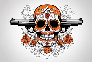 Orange Sugar skull with guns that are orange and red with smoke around it tattoo idea