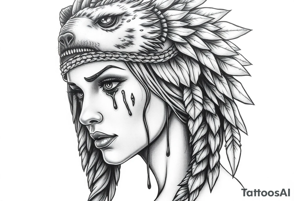 Beautiful Womans shedding a tear, with battle scars and blood on face, wearing a mean looking bear headdress on head tattoo idea