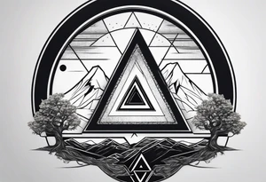 minimalistic Yggdrasil tree with 3 triangles set behind it tattoo idea