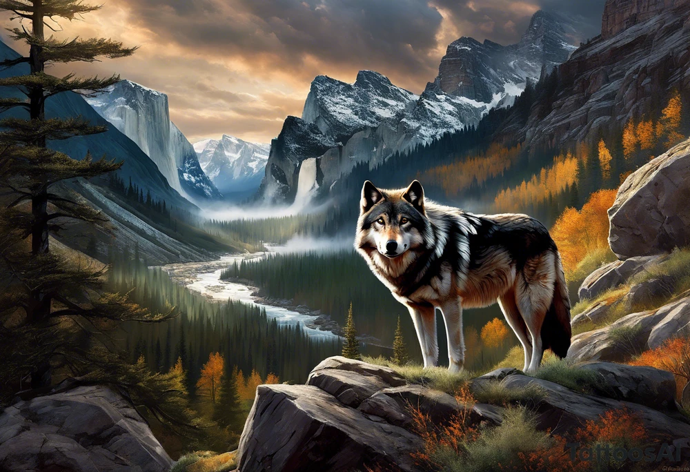 solitary wolf navigating through a rugged, detailed terrain, with each element meticulously shaded to capture the essence of life's struggles. The wolf's intense gaze conveys determination and resilience, while the landscape around it mirrors the challenges faced – rocky cliffs, turbulent rivers, and stormy skies. Subtle touches of color add depth and dimension, enhancing the realism of the design. Alongside the wolf, the phrase "Strength in Adversity" is delicately scripted, tying together the theme of overcoming life's battles with authenticity and grace. tattoo idea