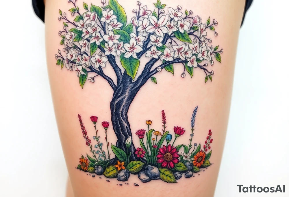 Lilly of the vally plants underneath a blooming hawthorn tree with other colorful plants on ground tattoo idea