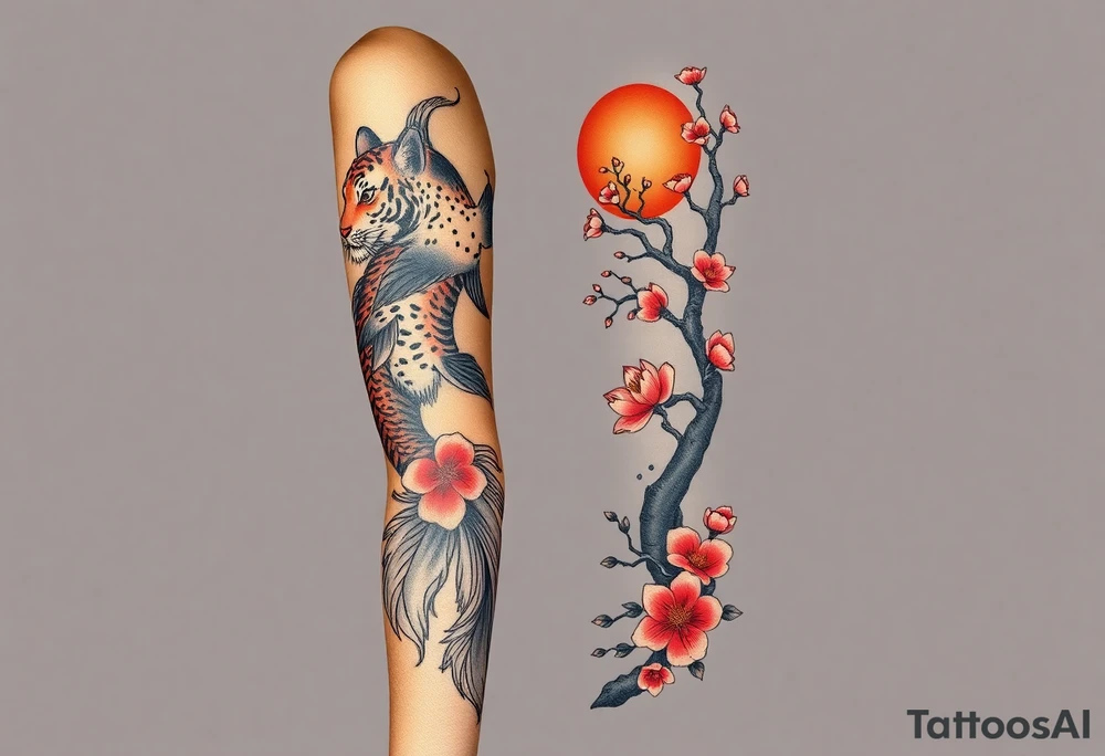 Beautiful full sleeve with a koi fish, tiger, sun, and cherry blossom tree tattoo idea