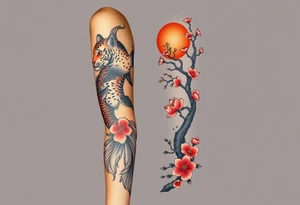 Beautiful full sleeve with a koi fish, tiger, sun, and cherry blossom tree tattoo idea