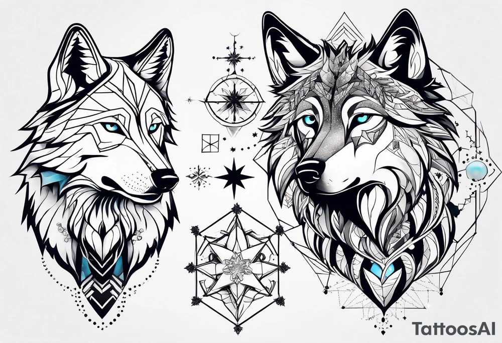Constellation, two animal wolf, géométric, snowflake tattoo idea
