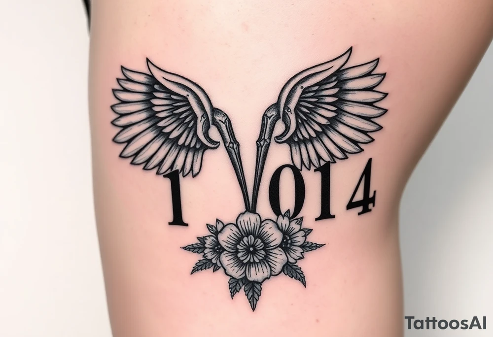 2001 full thigh tattoo with aries sign and angel numbers 1, 2, and 4 with flower tattoo idea