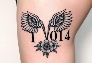 2001 full thigh tattoo with aries sign and angel numbers 1, 2, and 4 with flower tattoo idea