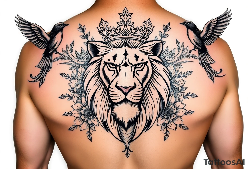 powerful majestic lion with a crown, surrounded by floral ornaments and birds tattoo idea