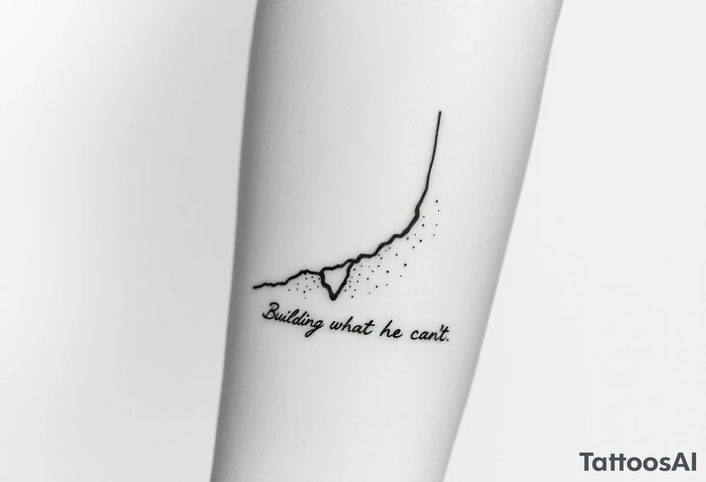 inimalistic black-ink forearm tattoo symbolizing legacy, father watching over, and continuation of unfinished dreams. Central design: a flowing, rising line or abstract path starting fragmented at the bottom (representing the father’s unfinished work) and gradually becoming solid and ascending (representing the son carrying it forward). Along the path, fine, particle-like lines or small dots flow upward, symbolizing the father’s guidance and energy cheering the son on. Hidden within or alongside the design, integrate the text: “Building what he couldn’t” in small, elegant script. Style: clean, minimalistic, black ink only, fine-line, geometric abstraction, flowing composition for forearm placement, emphasizing symbolism, legacy, guidance, and emotional depth. tattoo idea