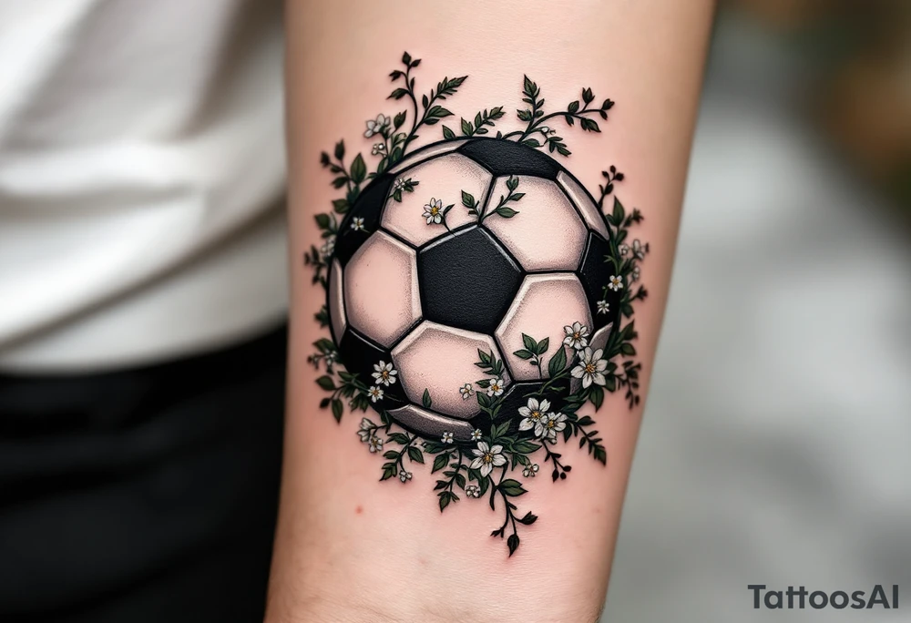 A shaded black soccer ball with green vines and small white flowers wrapping it. tattoo idea