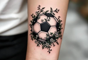 A shaded black soccer ball with green vines and small white flowers wrapping it. tattoo idea