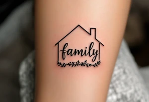 word family inside a house silhouette, with warm golden light from the windows. tattoo idea