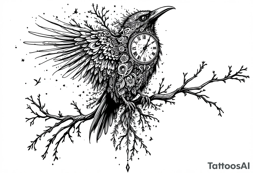 left arm tattoo of a raven mandala on a branch with clock face tattoo idea