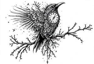 left arm tattoo of a raven mandala on a branch with clock face tattoo idea