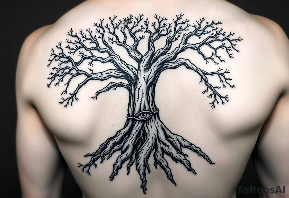 A bold blackwork tattoo of a large oak tree with exposed roots intertwined with a partly broken chain, symbolizing strength, resilience, and breaking free from limitations. The branches reach upward but also curl inward, representing complexity and introspection. Hidden within the roots or branches is a subtle watchful eye, symbolizing awareness and self-love. The bark shows fine cracks and textures to emphasize scars and the beauty of imperfection. The design balances bold graphic shapes with intricate dotwork and fine lines for a powerful yet delicate look. tattoo idea