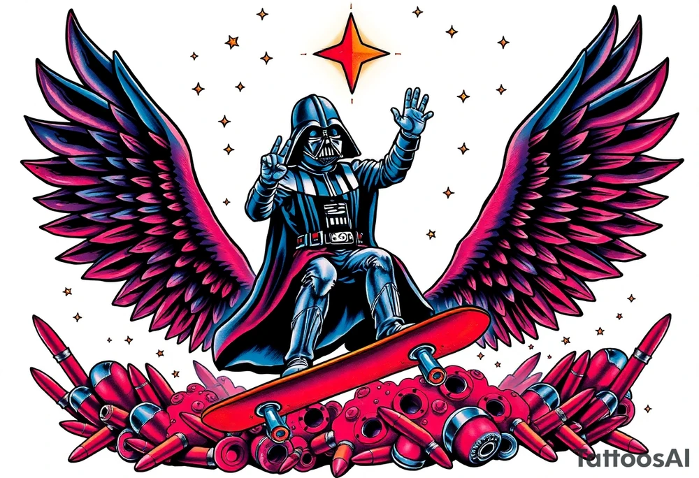 MEMORY TATTOO
Darth Vader skateboarding with hand signal hello in heaven, outdoors, bullets, star wars>blue and red 
"Darth Carter"
12/29/88-01/06/24 tattoo idea