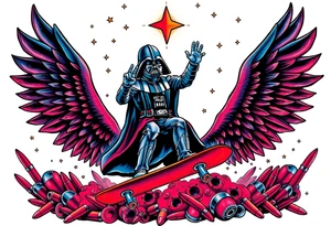 MEMORY TATTOO
Darth Vader skateboarding with hand signal hello in heaven, outdoors, bullets, star wars>blue and red 
"Darth Carter"
12/29/88-01/06/24 tattoo idea