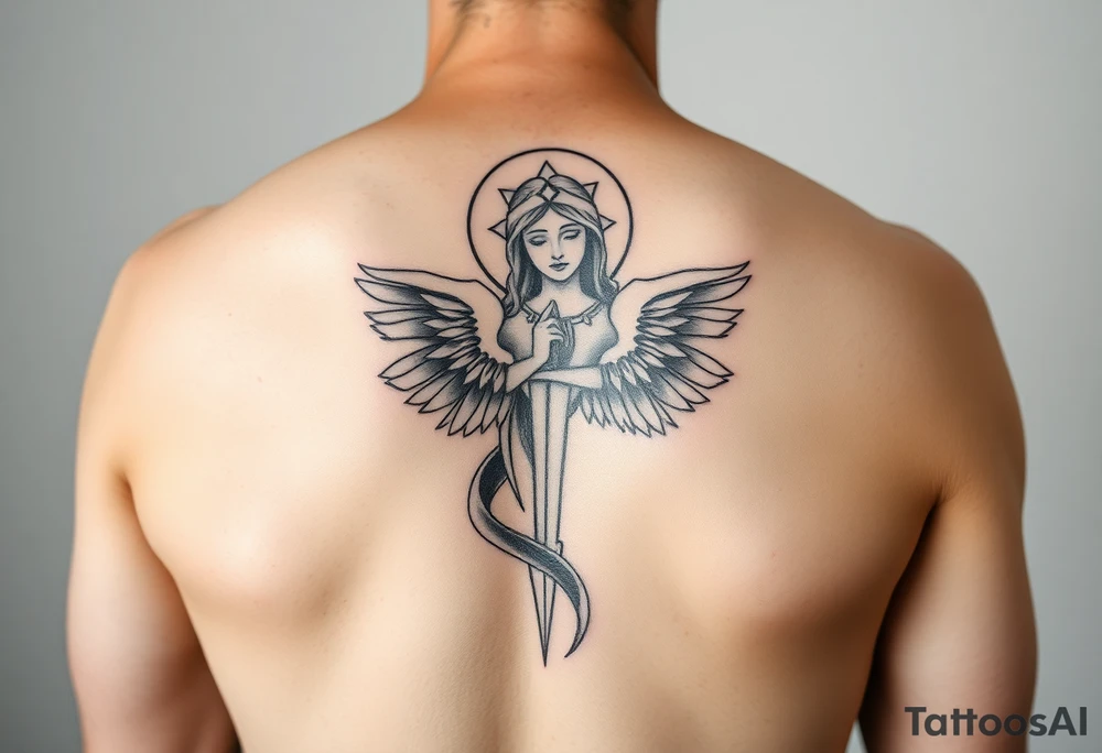 Female leg sleeve theme catholic tattoo idea
