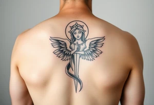 Female leg sleeve theme catholic tattoo idea
