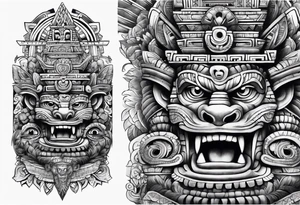 Aztec feathered serpent and pyramids sleeve incorporate factual items found in Teotihuacan tattoo idea