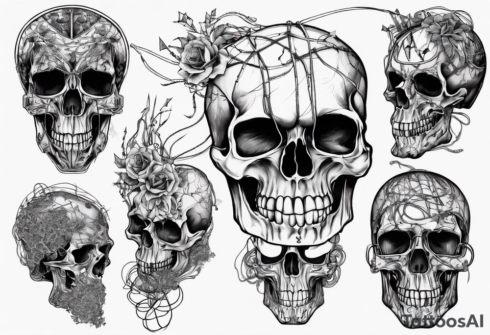 Skull covered in wires tattoo idea