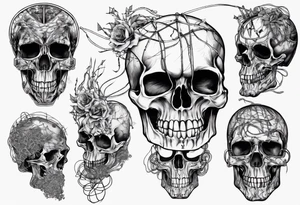 Skull covered in wires tattoo idea