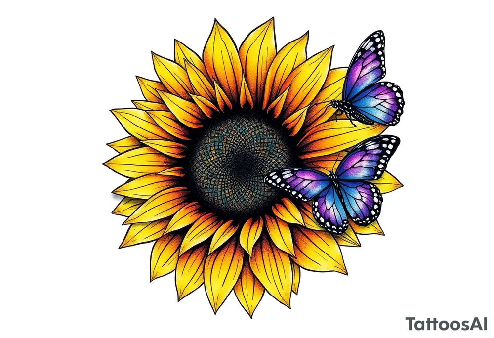Sunflower with purple butterflies on side tattoo idea