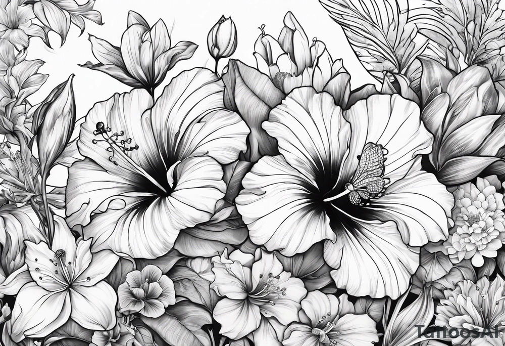 Verticle arm placement of hibiscus, TULIPS, LILLIES, DRAGONflower, with wildflowers, poppy, complimentary flowers, bees, peony, forearm tattoo idea