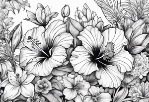 Verticle arm placement of hibiscus, TULIPS, LILLIES, DRAGONflower, with wildflowers, poppy, complimentary flowers, bees, peony, forearm tattoo idea