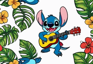 Stitch tattoo on arm under shoulder that is the version of stitch where he’s dressed up like Elvis playing a ukulele on a beach tattoo idea