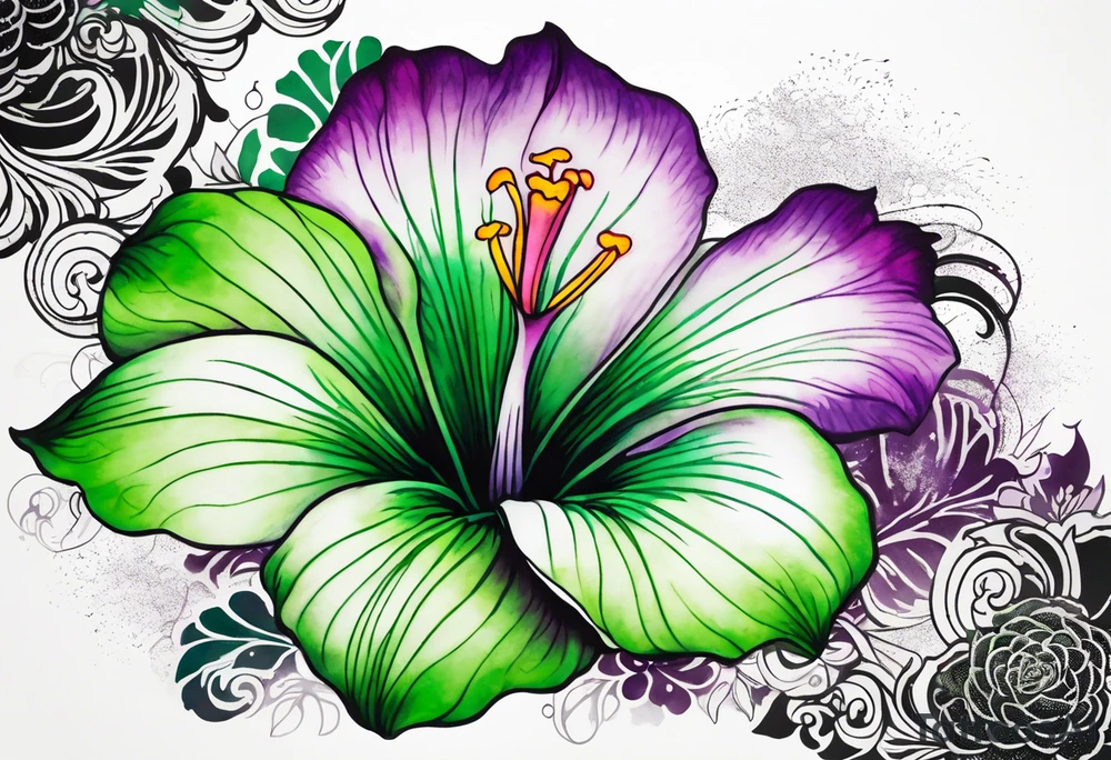 A mystical outline of a green and purple rio dipladenia flower and a green and purple watercolor splash in the background tattoo idea