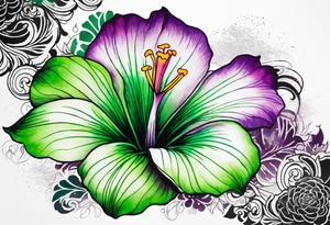 A mystical outline of a green and purple rio dipladenia flower and a green and purple watercolor splash in the background tattoo idea