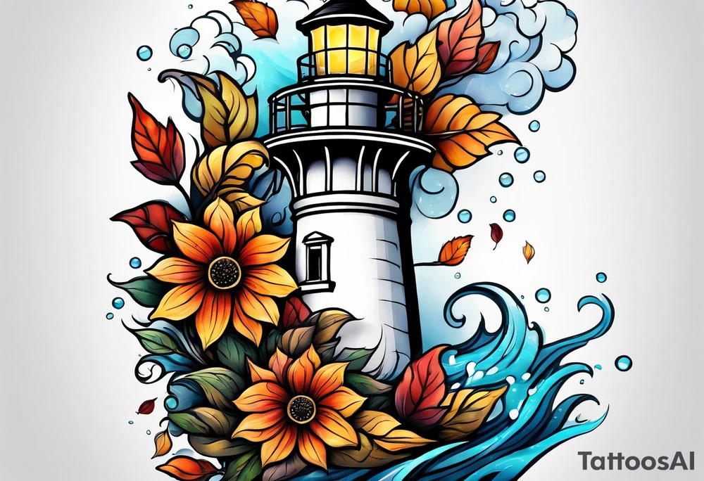 Arm sleeve with fall colors, various flowers, water flow, water splash, light house tattoo idea