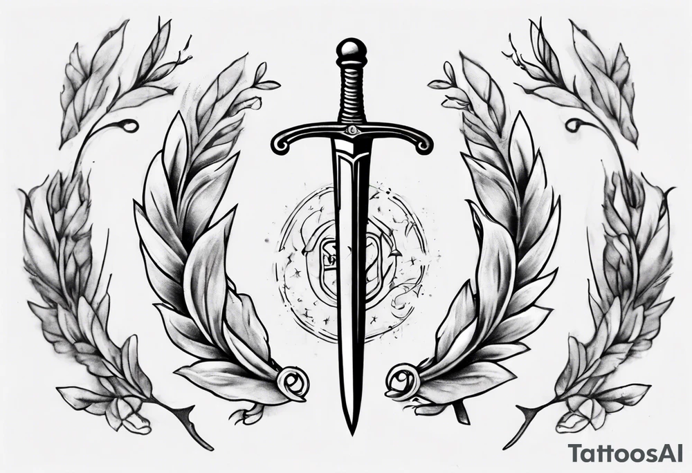 Memorial tattoo using all of the following details - the number 13, a sword, a laurel leaf wreath, and amor fati. tattoo idea