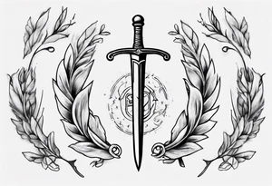 Memorial tattoo using all of the following details - the number 13, a sword, a laurel leaf wreath, and amor fati. tattoo idea