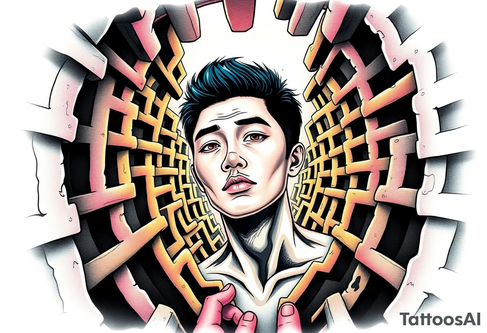 Handsome Asian young guy lost in a scary labyrinth tattoo idea