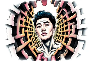 Handsome Asian young guy lost in a scary labyrinth tattoo idea