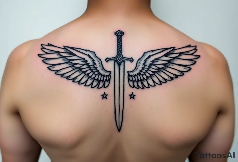 Wings wrapping around sword and diamond shaped stars tattoo idea