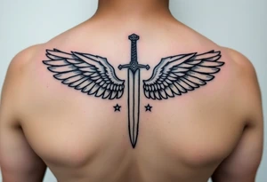 Wings wrapping around sword and diamond shaped stars tattoo idea