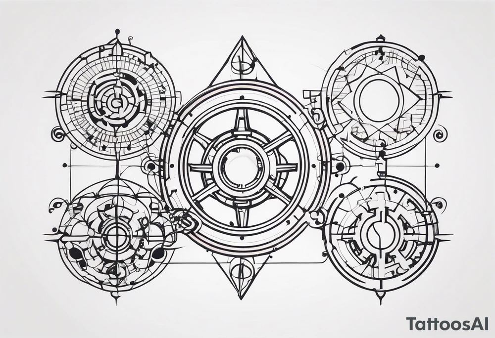 Design a tattoo that combines the elegant entanglement symbol from quantum mechanics with intricate robotic circuitry. The entanglement lines should intertwine seamlessly with the mechanical gears, symbolizing the fusion of cutting-edge technology and quantum physics tattoo idea