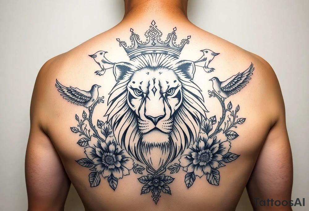 powerful majestic lion with a crown, surrounded by floral ornaments and birds tattoo idea