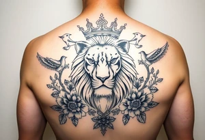 powerful majestic lion with a crown, surrounded by floral ornaments and birds tattoo idea