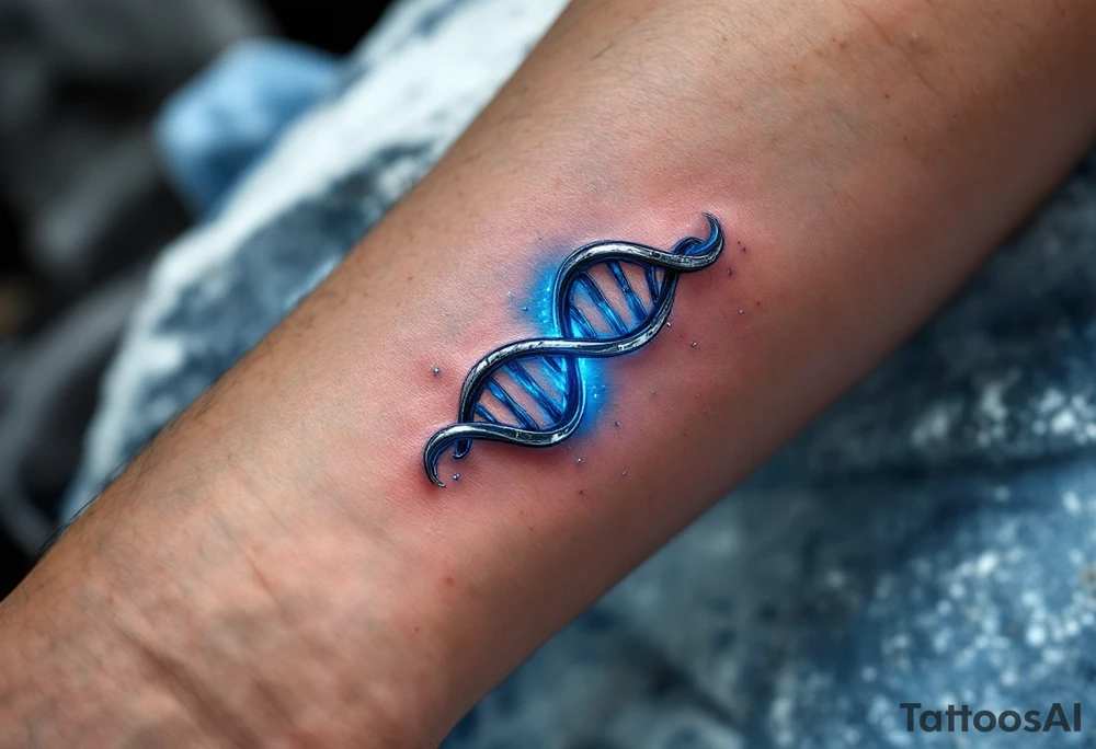 A DNA helix in the form of an infinity, glowing in electric blue and silver, symbolizing life and legacy. tattoo idea