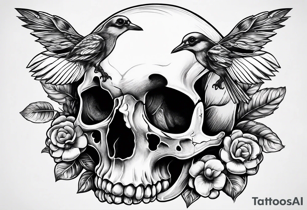 Bird skull with mushrooms and nature in the background tattoo idea